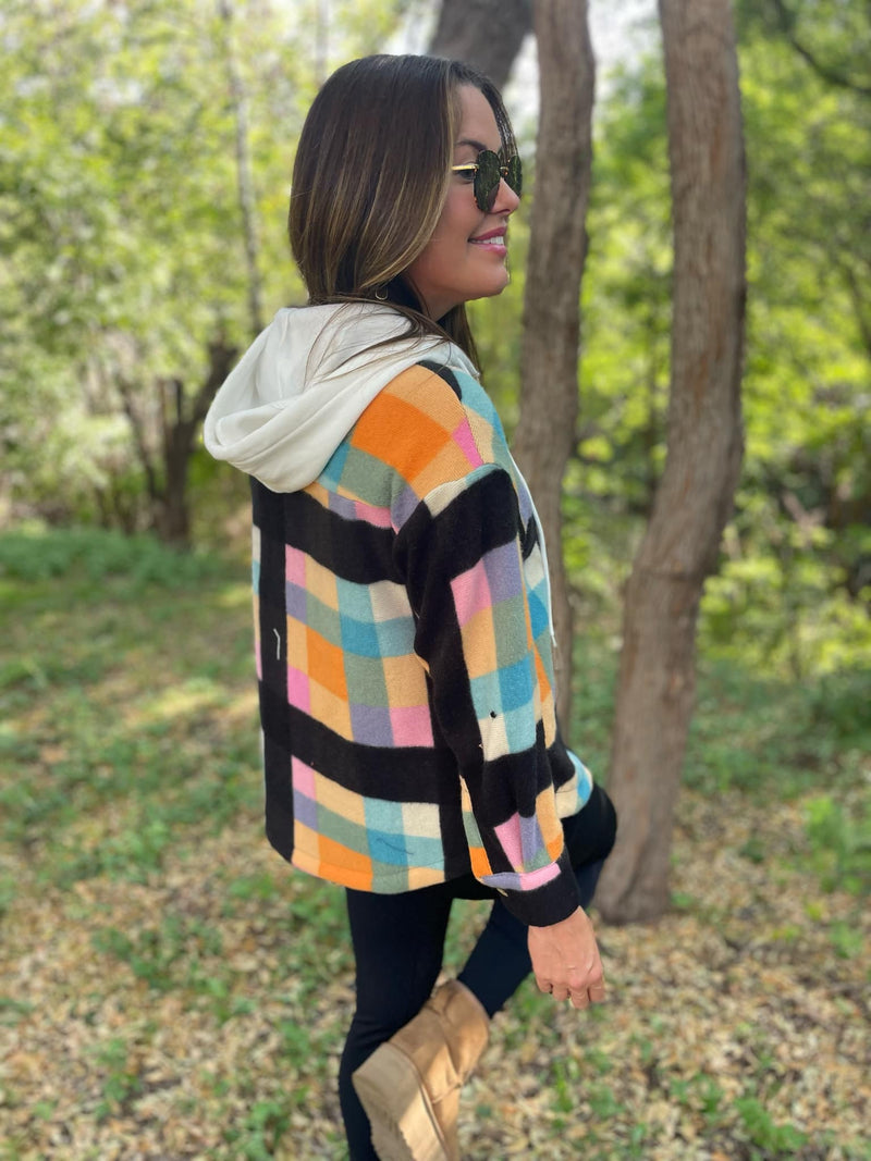 Rainbow Plaid Button Hoodie