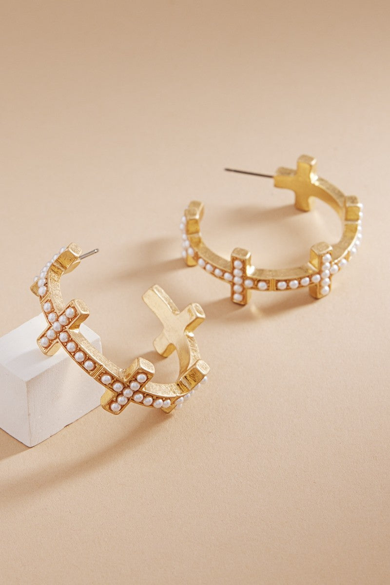 Pearl Gold Cross Earrings