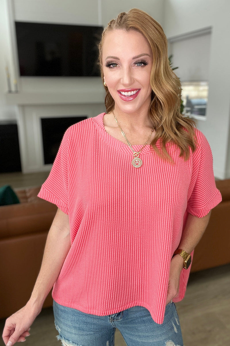 Textured Line Twisted Short Sleeve Top in Coral Tops Ave Shops