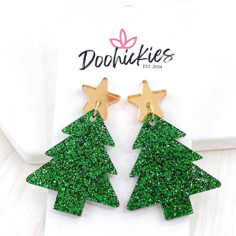 Green Glitter Acrylic Tree Earrings